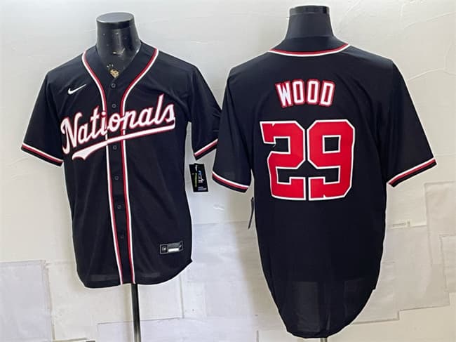 Washington Nationals #29 James Wood 2026 Fashion Replica Black Out Stitched Baseball Jersey Washington Nationals #29 James Wood 2026 Fashion Replica Black Out Stitched Baseball Jersey