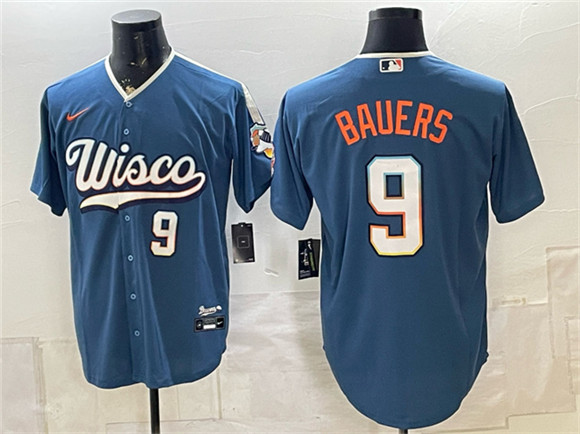 Milwaukee Brewers #9 Jake Bauers Mineral Blue 2026 City Connect Stadium Stitched Baseball Jersey Milwaukee Brewers #9 Jake Bauers Mineral Blue 2026 City Connect Stadium Stitched Baseball Jersey