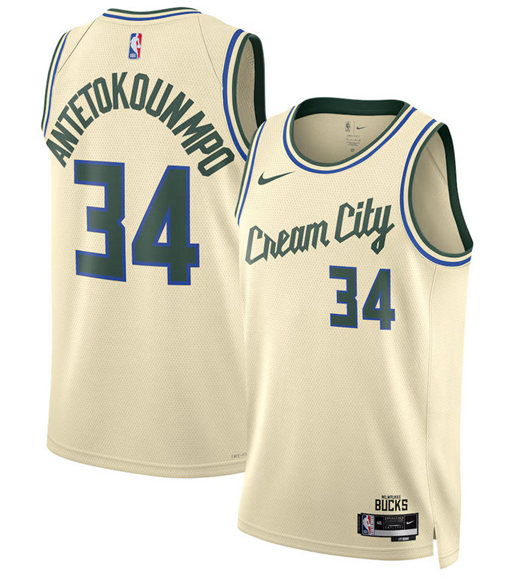Milwaukee Bucks #34 Giannis Antetokounmpo Cream 2025-26 City Edition Swingman Stitched Basketball Jersey Milwaukee Bucks #34 Giannis Antetokounmpo Cream 2025-26 City Edition Swingman Stitched Basketball Jersey