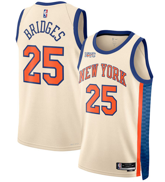 New York Knicks #25 Mikal Bridges Cream 2025-26 City Edition Swingman Stitched Basketball Jersey New York Knicks #25 Mikal Bridges Cream 2025-26 City Edition Swingman Stitched Basketball Jersey