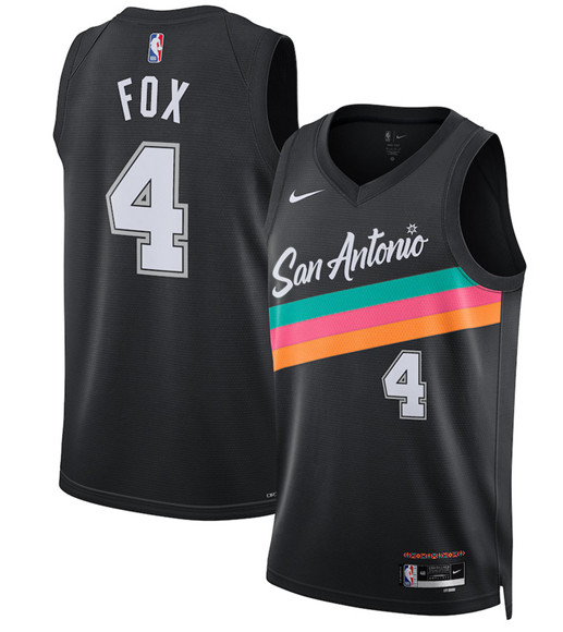 San Antonio Spurs #4 De'Aaron Fox Black 2025-26 City Edition Swingman Stitched Basketball Jersey San Antonio Spurs #4 De'Aaron Fox Black 2025-26 City Edition Swingman Stitched Basketball Jersey