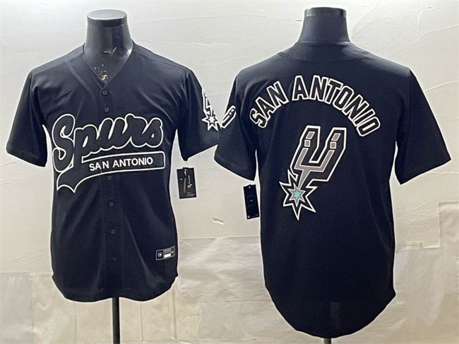 San Antonio Spurs Team Big Logo Black Stitched Baseball Jersey San Antonio Spurs Team Big Logo Black Stitched Baseball Jersey