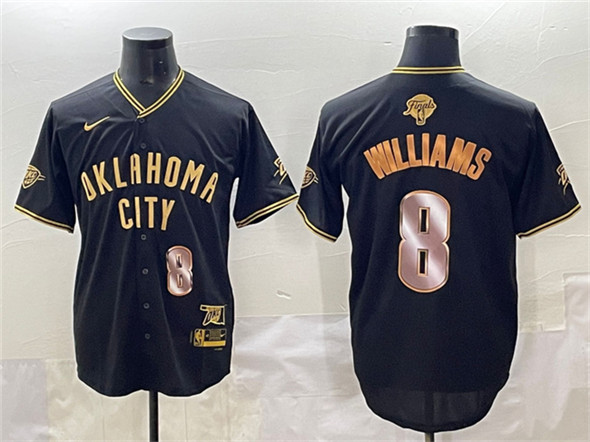 Oklahoma City Thunder #8 Jalen Williams Black Gold 2025 Finals Vapor Stitched Baseball Jersey Oklahoma City Thunder #8 Jalen Williams Black Gold 2025 Finals Vapor Stitched Baseball Jersey
