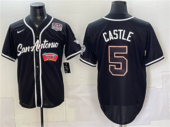 San Antonio Spurs #5 Stephon Castle Black USA 250' Patch Stitched Baseball Jersey San Antonio Spurs #5 Stephon Castle Black USA 250' Patch Stitched Baseball Jersey