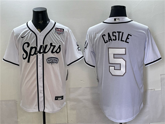San Antonio Spurs #5 Stephon Castle White USA 250' Patch Stitched Baseball Jersey San Antonio Spurs #5 Stephon Castle White USA 250' Patch Stitched Baseball Jersey