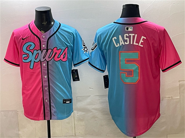 San Antonio Spurs #5 Stephon Castle Pink Blue Limited Stitched Baseball Jersey San Antonio Spurs #5 Stephon Castle Pink Blue Limited Stitched Baseball Jersey