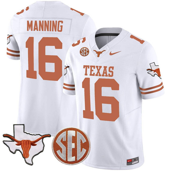 Texas Longhorns #16 Arch Manning White F.U.S.E. Map & SEC Patch Vapor Limited V4 Stitched Jersey Texas Longhorns #16 Arch Manning White F.U.S.E. Map & SEC Patch Vapor Limited V4 Stitched Jersey
