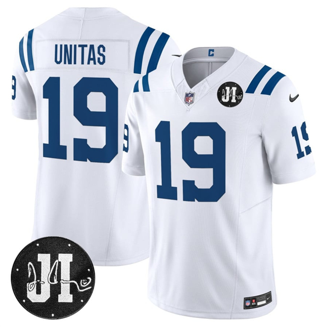 Indianapolis Colts #19 Johnny Unitas White 2025 F.U.S.E. Jim Irsay Patch Vapor Limited Football Stitched Jersey  Indianapolis Colts #19 Johnny Unitas White 2025 F.U.S.E. Jim Irsay Patch Vapor Limited Football Stitched Jersey