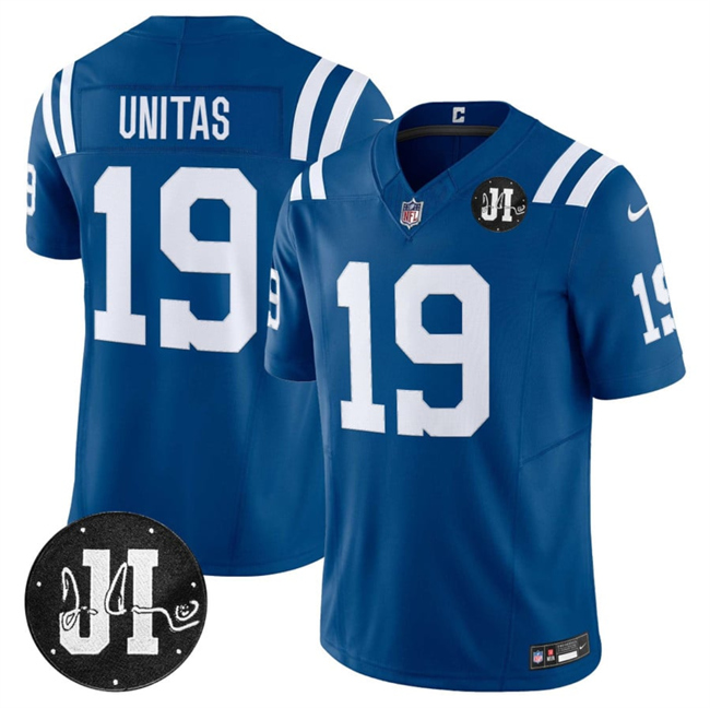 Indianapolis Colts #19 Johnny Unitas Blue 2025 F.U.S.E. Jim Irsay Patch Vapor Limited Football Stitched Jersey  Indianapolis Colts #19 Johnny Unitas Blue 2025 F.U.S.E. Jim Irsay Patch Vapor Limited Football Stitched Jersey