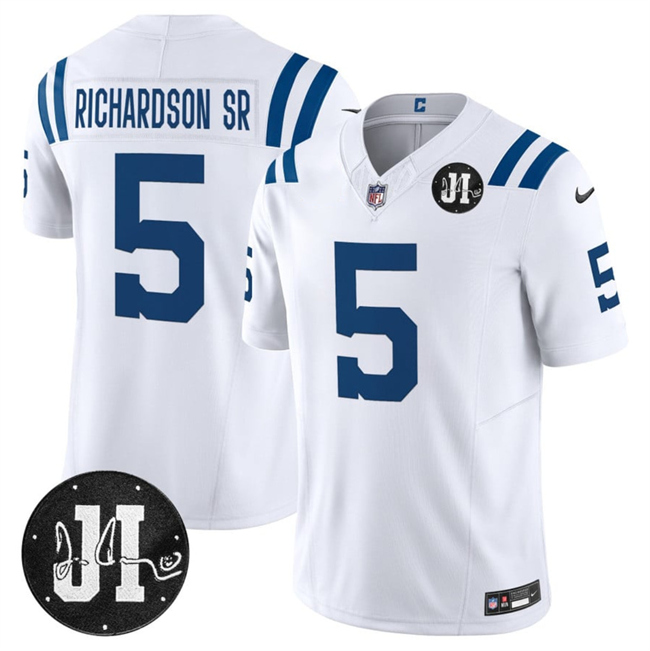 Indianapolis Colts #5 Anthony Richardson White 2025 F.U.S.E. Jim Irsay Patch Vapor Limited Football Stitched Jersey  Indianapolis Colts #5 Anthony Richardson White 2025 F.U.S.E. Jim Irsay Patch Vapor Limited Football Stitched Jersey