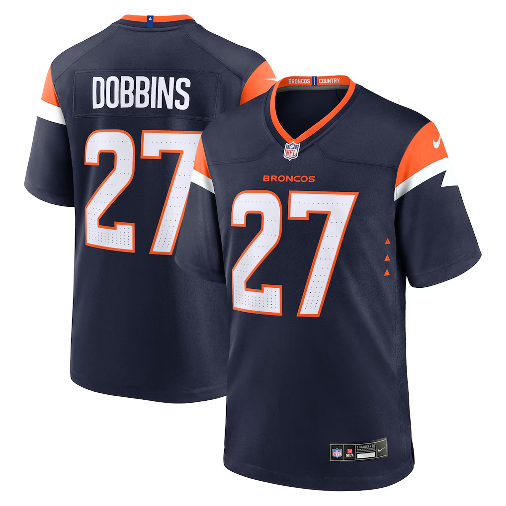 Denver Broncos #27 J.K. Dobbins Navy 2025 Alternate Football Stitched Game Jersey Denver Broncos #27 J.K. Dobbins Navy 2025 Alternate Football Stitched Game Jersey