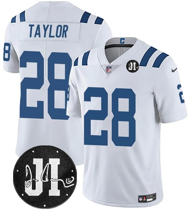 Indianapolis Colts #28 Jonathan Taylor White Jim Irsay Patch Vapor Limited Football Stitched Jersey  Indianapolis Colts #28 Jonathan Taylor White Jim Irsay Patch Vapor Limited Football Stitched Jersey