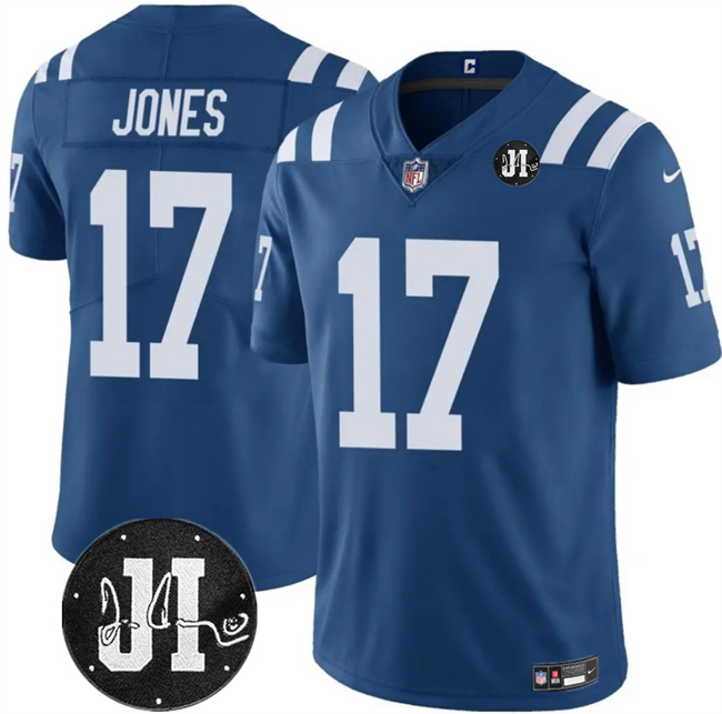 Indianapolis Colts #17 Daniel Jones Blue Jim Irsay Patch Vapor Limited Football Stitched Jersey  Indianapolis Colts #17 Daniel Jones Blue Jim Irsay Patch Vapor Limited Football Stitched Jersey