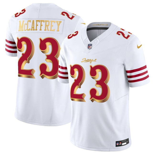 San Francisco 49ers #23 Christian McCaffrey White Gold 2025 F.U.S.E. "Rivalries" Vapor Limited Football Stitched Jersey San Francisco 49ers #23 Christian McCaffrey White Gold 2025 F.U.S.E. "Rivalries" Vapor Limited Football Stitched Jersey