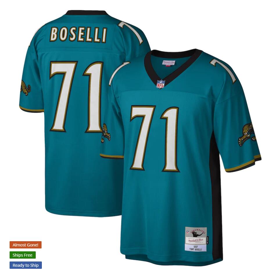Jacksonville Jaguars #71 Tony Boselli 1997 Mitchell & Ness Teal NFL Throwback Football Jersey Jacksonville Jaguars #71 Tony Boselli 1997 Mitchell & Ness Teal NFL Throwback Football Jersey