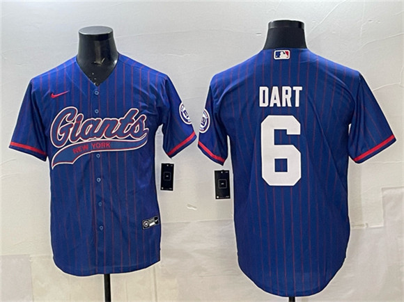 New York Giants #6 Jaxson Dart Royal Pinstripe With Patch Cool Base Stitched Baseball Jersey New York Giants #6 Jaxson Dart Royal Pinstripe With Patch Cool Base Stitched Baseball Jersey
