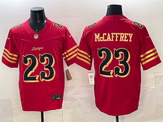 San Francisco 49ers #23 Christian McCaffrey Red Gold 2025 F.U.S.E. ??Rivalries?? Vapor Limited Football Stitched Jersey San Francisco 49ers #23 Christian McCaffrey Red Gold 2025 F.U.S.E. ??Rivalries?? Vapor Limited Football Stitched Jersey