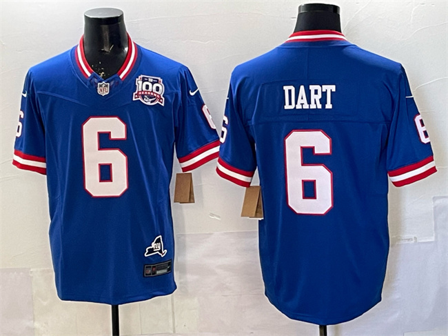 New York Giants #6 Jaxson Dart Royal 2025 Draft F.U.S.E. 100th Season & State Patch Vapor Limited Football Stitched Jersey New York Giants #6 Jaxson Dart Royal 2025 Draft F.U.S.E. 100th Season & State Patch Vapor Limited Football Stitched Jersey