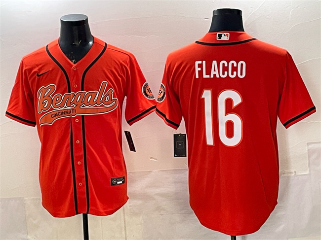 Cincinnati Bengals #16 Joe Flacco Orange With Patch Cool Base Stitched Baseball Jersey Cincinnati Bengals #16 Joe Flacco Orange With Patch Cool Base Stitched Baseball Jersey