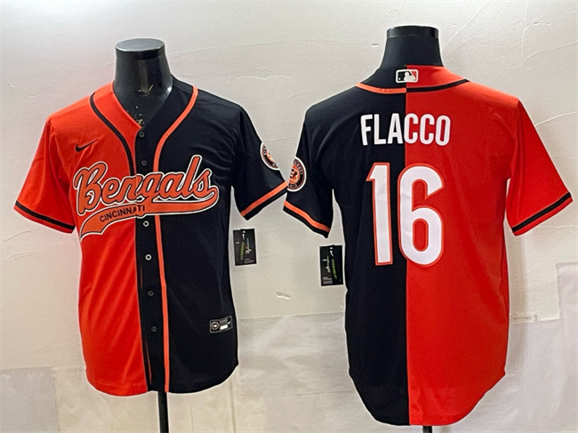 Cincinnati Bengals #16 Joe Flacco Orange Black Split With Patch Cool Base Stitched Baseball Jersey Cincinnati Bengals #16 Joe Flacco Orange Black Split With Patch Cool Base Stitched Baseball Jersey