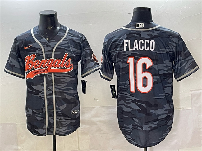 Cincinnati Bengals #16 Joe Flacco Grey Camo With Patch Cool Base Stitched Baseball Jersey Cincinnati Bengals #16 Joe Flacco Grey Camo With Patch Cool Base Stitched Baseball Jersey