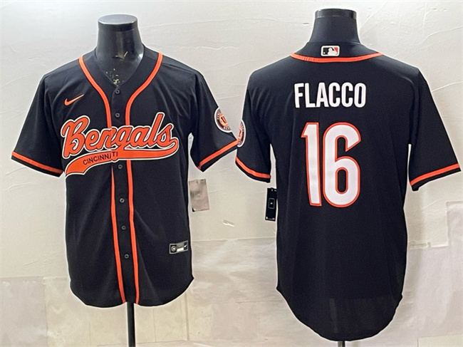 Cincinnati Bengals #16 Joe Flacco Black With Patch Cool Base Stitched Baseball Jersey Cincinnati Bengals #16 Joe Flacco Black With Patch Cool Base Stitched Baseball Jersey