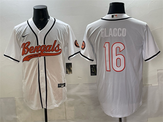 Cincinnati Bengals #16 Joe Flacco White With Patch Cool Base Stitched Baseball Jersey Cincinnati Bengals #16 Joe Flacco White With Patch Cool Base Stitched Baseball Jersey