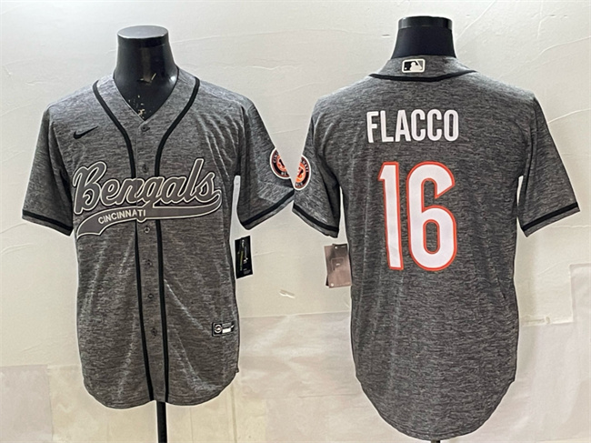 Cincinnati Bengals #16 Joe Flacco Grey With Patch Cool Base Stitched Baseball Jersey Cincinnati Bengals #16 Joe Flacco Grey With Patch Cool Base Stitched Baseball Jersey