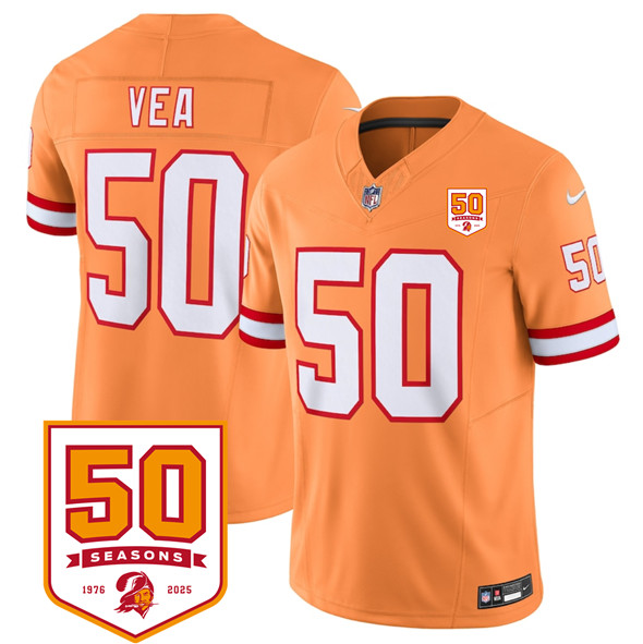 Tampa Bay Buccaneers #50 Vita Vea Orange 2025 F.U.S.E. 50th Anniversary Patch Vapor Untouchable Limited Football Stitched Jersey Tampa Bay Buccaneers #50 Vita Vea Orange 2025 F.U.S.E. 50th Anniversary Patch Vapor Untouchable Limited Football Stitched Jersey