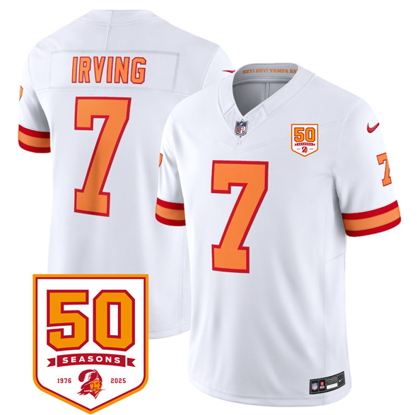 Tampa Bay Buccaneers #7 Bucky Irving White 2025 F.U.S.E. 50th Anniversary Patch Vapor Untouchable Limited Football Stitched Jersey Tampa Bay Buccaneers #7 Bucky Irving White 2025 F.U.S.E. 50th Anniversary Patch Vapor Untouchable Limited Football Stitched Jersey
