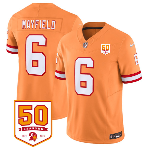 Tampa Bay Buccaneers #6 Baker Mayfield Orange 2025 F.U.S.E. 50th Anniversary Patch Vapor Untouchable Limited Football Stitched Jersey Tampa Bay Buccaneers #6 Baker Mayfield Orange 2025 F.U.S.E. 50th Anniversary Patch Vapor Untouchable Limited Football Stitched Jersey