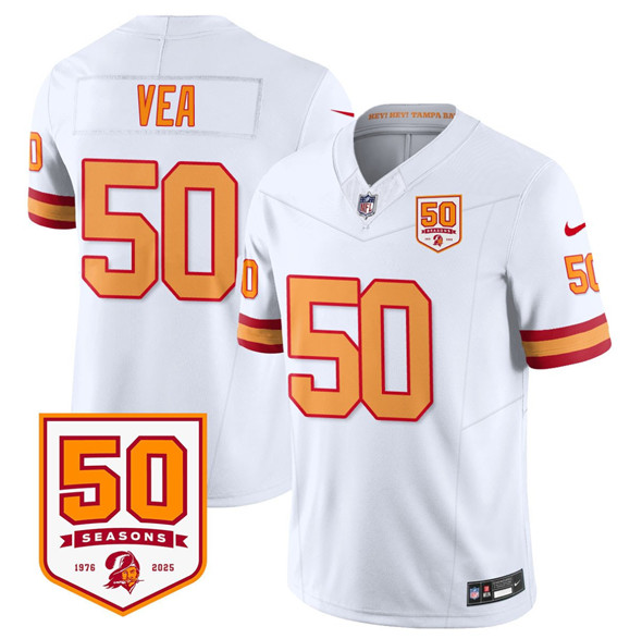 Tampa Bay Buccaneers #50 Vita Vea White 2025 F.U.S.E. 50th Anniversary Patch Vapor Limited Football Stitched Jersey Tampa Bay Buccaneers #50 Vita Vea White 2025 F.U.S.E. 50th Anniversary Patch Vapor Limited Football Stitched Jersey