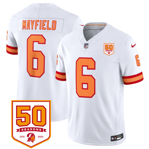 Tampa Bay Buccaneers #6 Baker Mayfield White 2025 F.U.S.E. 50th Anniversary Patch Vapor Untouchable Limited Football Stitched Jersey Tampa Bay Buccaneers #6 Baker Mayfield White 2025 F.U.S.E. 50th Anniversary Patch Vapor Untouchable Limited Football Stitched Jersey