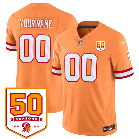 Tampa Bay Buccaneers Active Player Custom Orange 2025 F.U.S.E. 50th Anniversary Patch Vapor Limited Football Stitched Jersey Tampa Bay Buccaneers Active Player Custom Orange 2025 F.U.S.E. 50th Anniversary Patch Vapor Limited Football Stitched Jersey