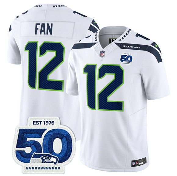 Seattle Seahawks #12 Fan White 2025 F.U.S.E. 50th Anniversary Patch Vapor Limited Football Stitched Jersey Seattle Seahawks #12 Fan White 2025 F.U.S.E. 50th Anniversary Patch Vapor Limited Football Stitched Jersey