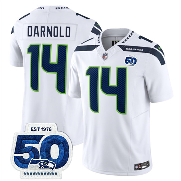 Seattle Seahawks #14 Sam Darnold White 2025 F.U.S.E. 50th Anniversary Patch Vapor Limited Football Stitched Jersey Seattle Seahawks #14 Sam Darnold White 2025 F.U.S.E. 50th Anniversary Patch Vapor Limited Football Stitched Jersey