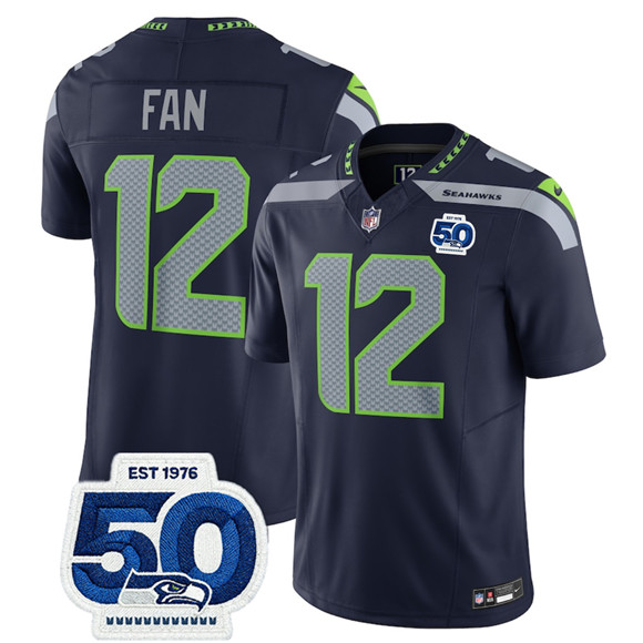 Seattle Seahawks #12 Fan Navy 2025 F.U.S.E. 50th Anniversary Patch Vapor Limited Football Stitched Jersey Seattle Seahawks #12 Fan Navy 2025 F.U.S.E. 50th Anniversary Patch Vapor Limited Football Stitched Jersey