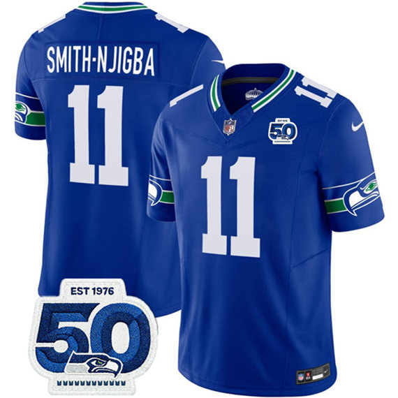 Seattle Seahawks #11 Jaxon Smith-Njigba 2025 F.U.S.E 50th Anniversary Patch Throwback Vapor Limited Football Stitched Jersey Seattle Seahawks #11 Jaxon Smith-Njigba 2025 F.U.S.E 50th Anniversary Patch Throwback Vapor Limited Football Stitched Jersey