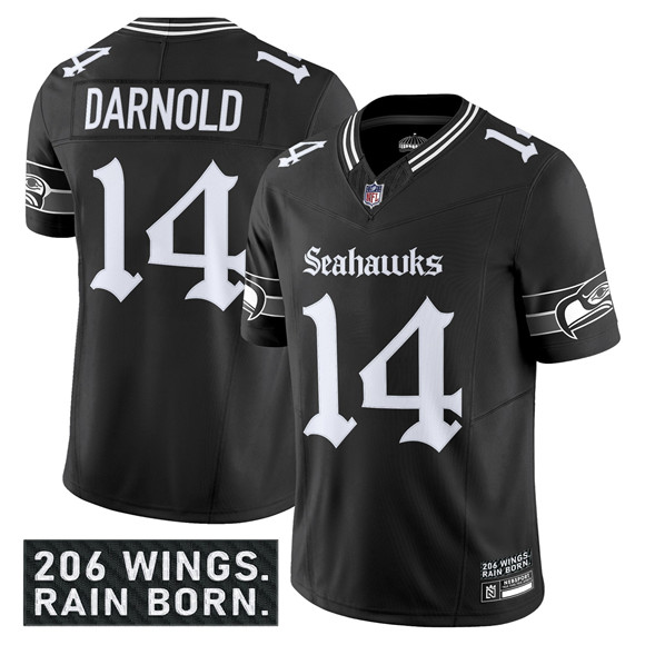 Seattle Seahawks #14 Sam Darnold Black 2025 F.U.S.E. 'Gothic Rain City Shadows Edition' Vapor Limited Football Stitched Jersey Seattle Seahawks #14 Sam Darnold Black 2025 F.U.S.E. 'Gothic Rain City Shadows Edition' Vapor Limited Football Stitched Jersey