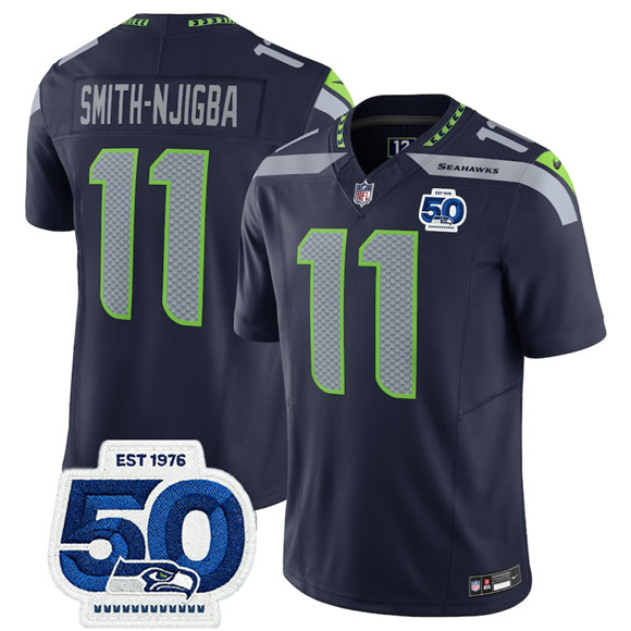 Seattle Seahawks #11 Jaxon Smith-Njigba Navy 2025 F.U.S.E. 50th Anniversary Patch Vapor Limited Football Stitched Jersey Seattle Seahawks #11 Jaxon Smith-Njigba Navy 2025 F.U.S.E. 50th Anniversary Patch Vapor Limited Football Stitched Jersey
