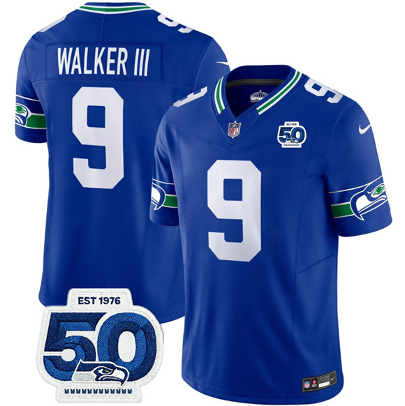 Seattle Seahawks #9 Kenneth Walker III Royal 2025 F.U.S.E 50th Anniversary Patch Throwback Vapor Limited Football Stitched Jersey Seattle Seahawks #9 Kenneth Walker III Royal 2025 F.U.S.E 50th Anniversary Patch Throwback Vapor Limited Football Stitched Jersey