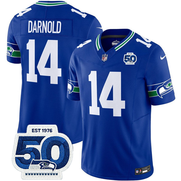 Seattle Seahawks #14 Sam Darnold Royal 2025 F.U.S.E 50th Anniversary Patch Throwback Vapor Limited Football Stitched Jersey Seattle Seahawks #14 Sam Darnold Royal 2025 F.U.S.E 50th Anniversary Patch Throwback Vapor Limited Football Stitched Jersey