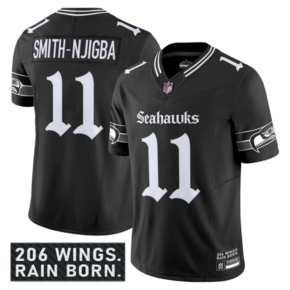 Seattle Seahawks #11 Jaxon Smith-Njigba Black 2025 F.U.S.E. 'Gothic Rain City Shadows Edition' Vapor Limited Football Stitched Jersey Seattle Seahawks #11 Jaxon Smith-Njigba Black 2025 F.U.S.E. 'Gothic Rain City Shadows Edition' Vapor Limited Football Stitched Jersey