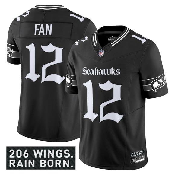 Seattle Seahawks #12 Fan Black 2025 F.U.S.E. 'Gothic Rain City Shadows Edition' Vapor Limited Football Stitched Jersey Seattle Seahawks #12 Fan Black 2025 F.U.S.E. 'Gothic Rain City Shadows Edition' Vapor Limited Football Stitched Jersey