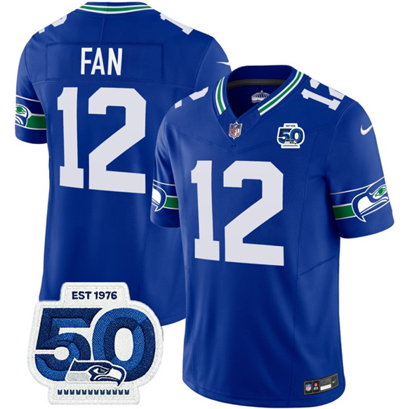 Seattle Seahawks #12 Fan Royal 2025 F.U.S.E 50th Anniversary Patch Throwback Vapor Limited Football Stitched Jersey Seattle Seahawks #12 Fan Royal 2025 F.U.S.E 50th Anniversary Patch Throwback Vapor Limited Football Stitched Jersey
