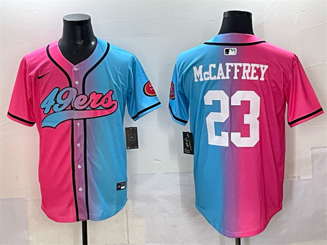 San Francisco 49ers #23 Christian McCaffrey Pink Blue Limited Stitched Baseball Jersey San Francisco 49ers #23 Christian McCaffrey Pink Blue Limited Stitched Baseball Jersey