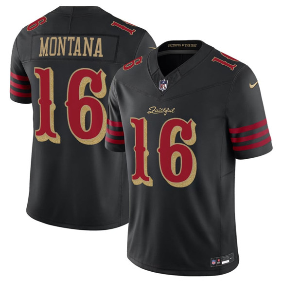 San Francisco 49ers #16 Joe Montana Black 2025 F.U.S.E. "Rivalries" Vapor Limited Football Stitched Jersey San Francisco 49ers #16 Joe Montana Black 2025 F.U.S.E. "Rivalries" Vapor Limited Football Stitched Jersey
