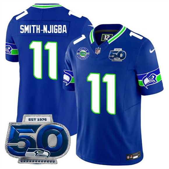 Seattle Seahawks #11 Jaxon Smith-Njigba Royal 2025 F.U.S.E 50th Season Patch Throwback Vapor Limited Football Stitched Jersey Seattle Seahawks #11 Jaxon Smith-Njigba Royal 2025 F.U.S.E 50th Season Patch Throwback Vapor Limited Football Stitched Jersey