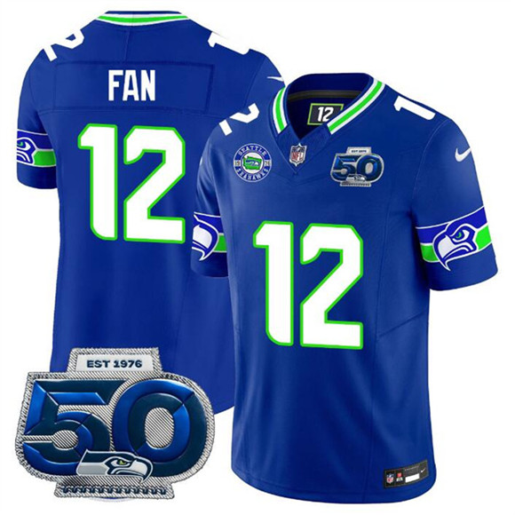 Seattle Seahawks #12 Fan Royal 2025 F.U.S.E 50th Season Patch Throwback Vapor Limited Football Stitched Jersey Seattle Seahawks #12 Fan Royal 2025 F.U.S.E 50th Season Patch Throwback Vapor Limited Football Stitched Jersey