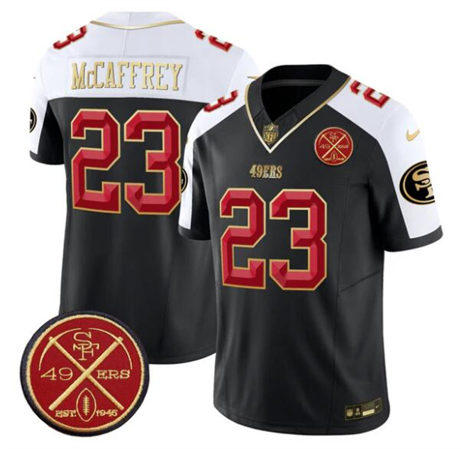 San Francisco 49ers #23 Christian McCaffrey Black Alternate F.U.S.E. Est.1946 Patch Vapor Limited Football Stitched Jersey San Francisco 49ers #23 Christian McCaffrey Black Alternate F.U.S.E. Est.1946 Patch Vapor Limited Football Stitched Jersey